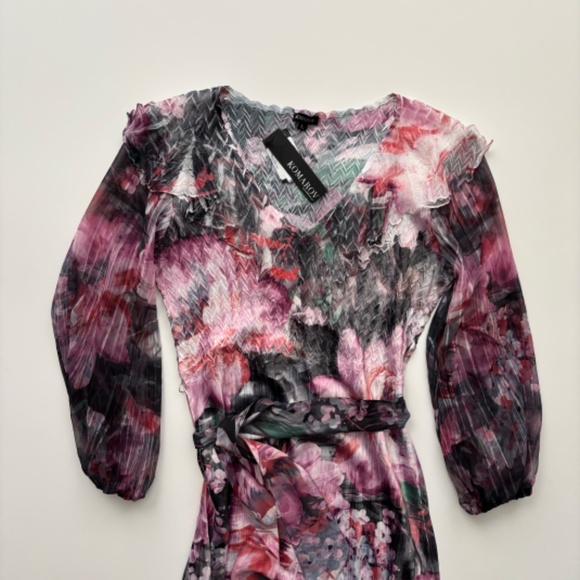 Komarov Nwt Pink Annami Floral Belted Ruffled V Neck Dress Large L - Picture 2 of 8